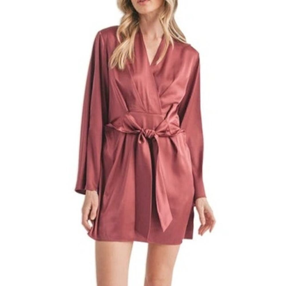 Lush Dress Satin Long Sleeve Surplice V-Neck Tie Waist Faux Wrap Mini Mulberry S